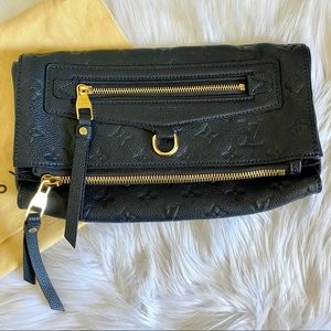 LOUIS VUITTON Navy blue leather monogram envelope clutch gold hardware PRISTINE